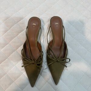 ZARA Olive Pointed Toe Slingback Mules with Bow